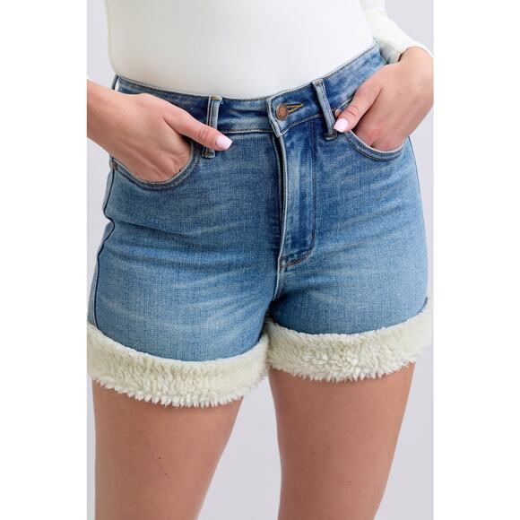 Judy Blue High Rise Waist Tummy Control Shearling Cuff Medium Wash Denim Shorts - Picture 6 of 7